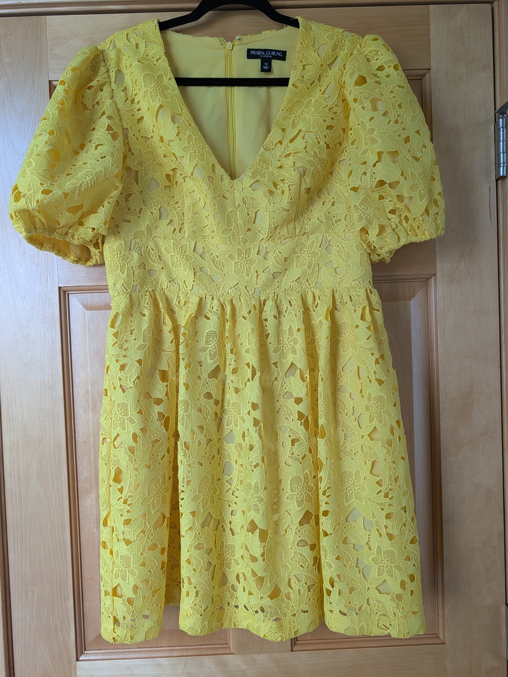 Prabal Gurung Yellow Floral Lace Puff Sleeve Mini Dress